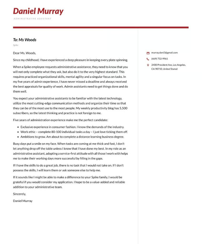 Daniel Murray - two-column cover letter with red accent