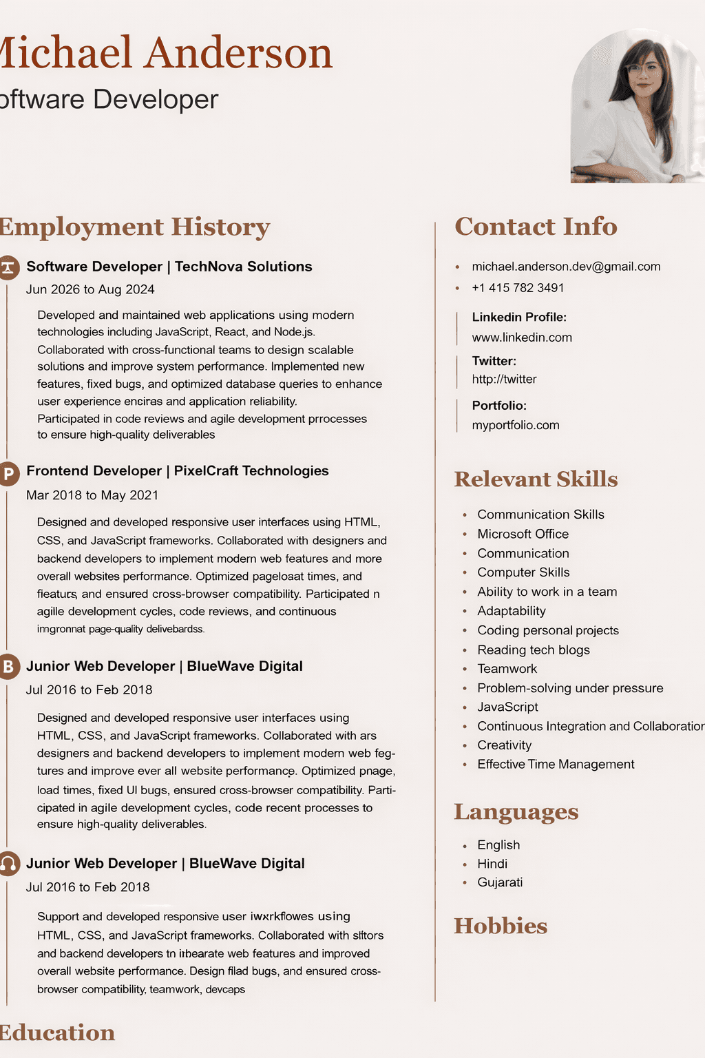 Classic timeline resume template with right info column