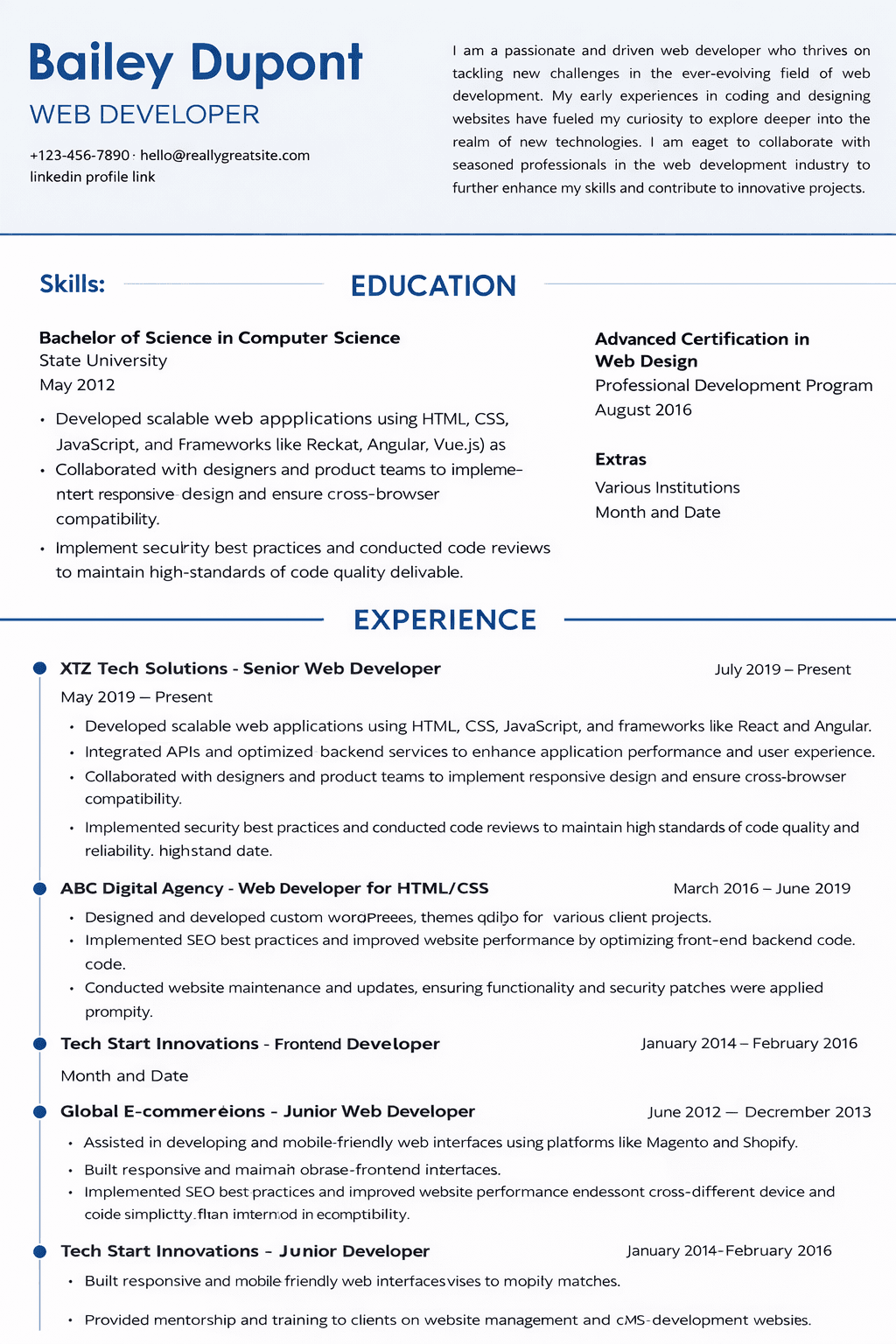 Two-column professional resume with blue accent line