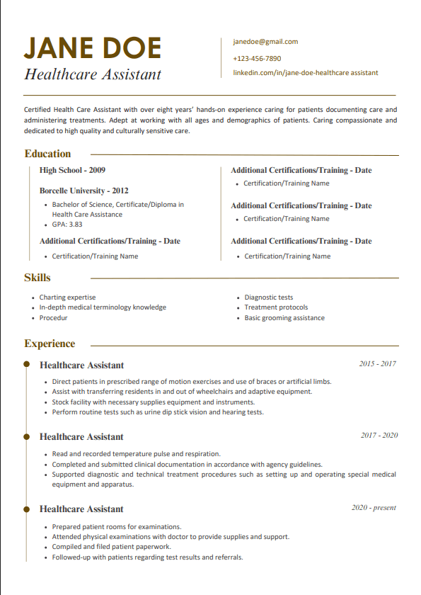 Peckham - Healthcare Assistant resume with brown/gold accent