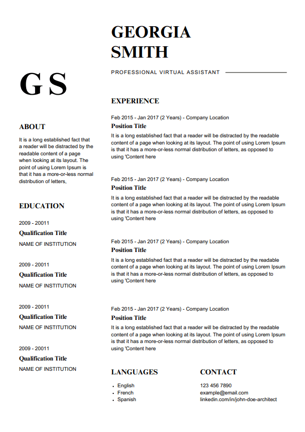Stratford - two-column resume with monogram header